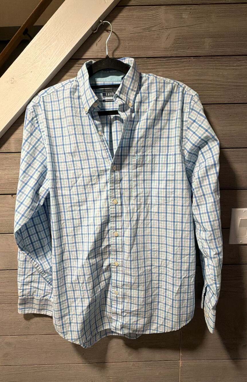 IZOD Premium Essentials Button Down Shirt Size S Blue Plaid Gingham